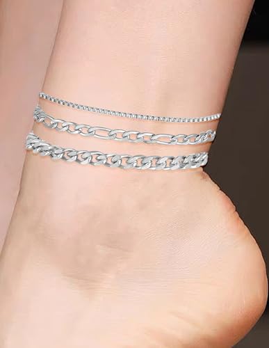 6PCS Ankle Bracelets for Women18K Gold Plated Stainless Steel Waterproof Layered Herringbone Figaro Bead Paperclip Rope Tennis Box Cuban Link Rolo Satellite Chain Anklets Set Gold Tone - style: C:Silver Tone