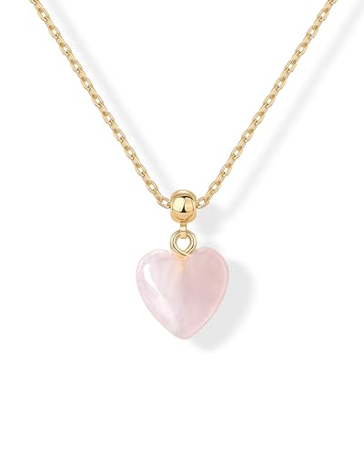 PAVOI Gemstone Charm Necklace for Women - 14K Gold Plated Pendant Necklaces | Dainty Gemstone Necklaces with Cute Charms Set and Adjustable Chain, Trendy Healing Crystal Pendants - style: Heart - Rose Quartz