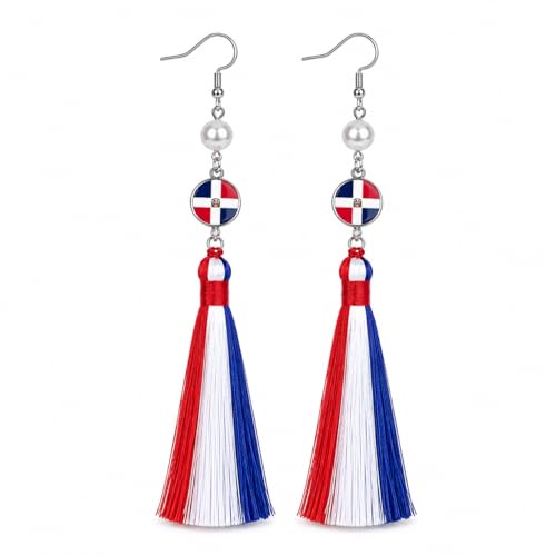 Handmade 925 Silver Plated Long Tassel Earring,Premium Flag Heritage Jewelry, Pride Patriotic Festival Gift For Women Party - color: Dominican Republic Flag Style