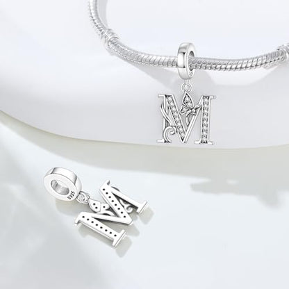 2 Pack 925 Sterling Silver Butterfly Letter Charms for Bracelets and Necklace Alphabet Initial Dangle Pendants Round Spacer Beads Pave Cubic Zirconia Jewelry Gift for Women - color: M Set