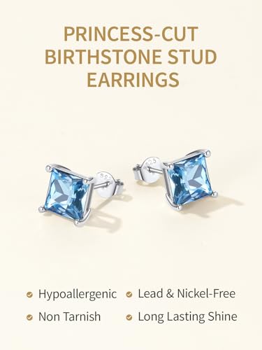 FindChic 2 Carat Birthstone Stud Earrings for Women, Round/Heart/Princess Cut Stud Earrings, Hypoallergenic Studs with 925 Sterling Silver Posts, 12 Months Birthday Jewelry Gift - color: 04. April-Diamond(Princess Cut)