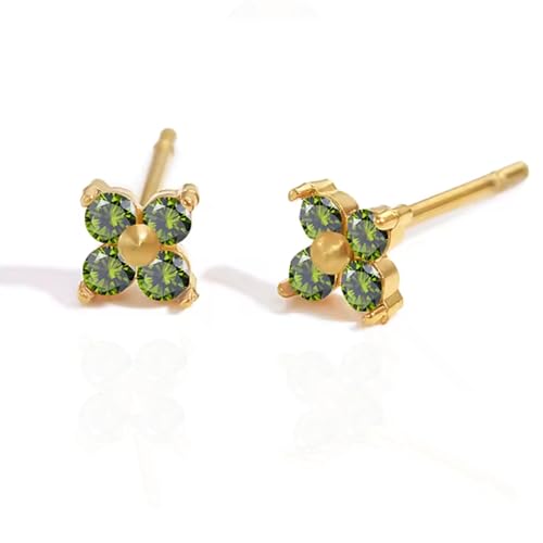 QueenBee 14K Gold Plated Ivy Flower Birthstone Stud Earrings for Women Dainty Floral Gemstone Studs Unique Jewelry Gift for Her - color: Aug-Peridot