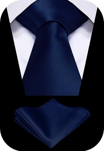 TIE G Solid Satin Woven dyed Color Formal Black Necktie and Pocket Square Sets in Gift Box - color: Dark Navy