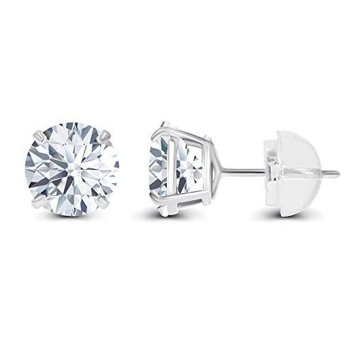 Solid 925 Sterling Silver Gold Plated 6mm Round Genuine Birthstone Gemstone Hypoallergenic Stud Earrings For Women - color: Created-White-Sapphire
