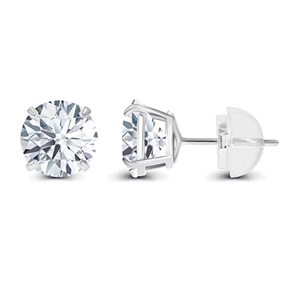 Solid 925 Sterling Silver Gold Plated 6mm Round Genuine Birthstone Gemstone Hypoallergenic Stud Earrings For Women - color: Created-White-Sapphire