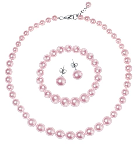 Faux Pearl Jewelry Set for Women, 3 Piece Necklace Bracelet Earrings | Glass Material, Adjustable Comfortable Fit, Party & Prom Accessory - style: Pink 16 inches