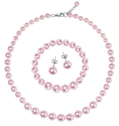 Faux Pearl Jewelry Set for Women, 3 Piece Necklace Bracelet Earrings | Glass Material, Adjustable Comfortable Fit, Party & Prom Accessory - style: Pink 18 inches