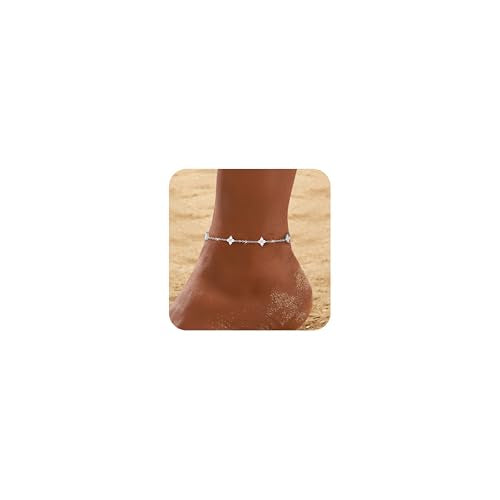 RLMOON Gold Silver Anklets for Women Waterproof CZ Ankle Bracelets | 14K Gold Plated Layered Stackable Clover Butterfly Tennis Chain Anklet Non Tarnish Trendy Summer Beach Foot Jewelry - color: Silver