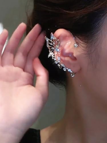 2Pcs Butterfly Ear Cuffs Rhinestone Clip On Earrings | Rhinestone butterfly ear cuffs with non piercing clip on design; silver ear wrap climber jewelry for parties and weddings - style: Style A Silver