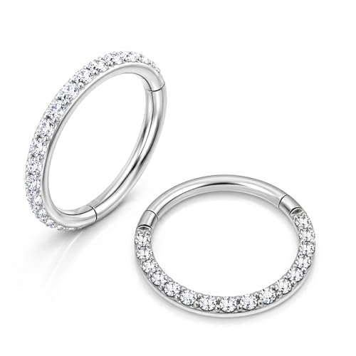 2PCS 16G Titanium Nose Rings for Women, Nostril and Septum | F136 Implant Grade Titanium, Hypoallergenic, 1.2 mm ×8 mm, Faceted and CZ Hinged Clicker Hoops for Nostril or Septum - color: Style A Silver-10mm