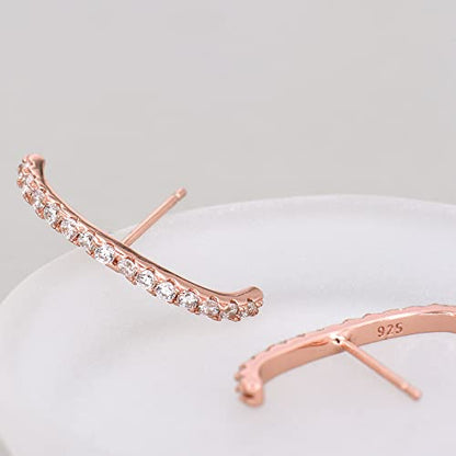 18K Gold Plated Sterling Silver Paved Gemstone Curved Bar Ear Cuffs Suspender Earrings CZ Huggie Earrings - color: 18K Rose Gold Plated