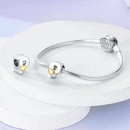 925 Sterling Silver Letter Charms A-Z for Bracelet Necklace Alphabet Bead | Heart letter A B C D G J charm initial gold Pendant beads Jewelry Gift for Women - color: Letter P
