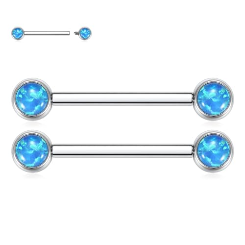 FUNLMO 2pcs Nipple Piercing Jewelry Titanium Nipple Rings Internally Threaded Tongue Rings Bridge Piercing Jewelry Nipple Barbells 14G 12-20mm - color: Silver,Blue Opal