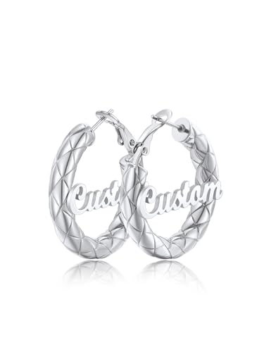 FindChic Chunky Hoop Earrings for Women, Silver/Black/14K Gold Plated Crossover Patterned Hollow Tube Rounded Loop Earrings, 30mm/40mm/60mm/80mm Hoops with Custom Name Options and Gift Box - color: e.Silver (Custom Name), size: 30MM
