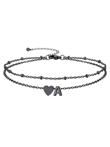 Ankle Bracelets for Women Waterproof 14K Gold/Silver/Black Initial Anklet for Women Dainty Layered Heart Ankle Bracelets Stainless Steel Adjustable Foot Chain Anklet Summer Beach Jewelry - color: A-Black
