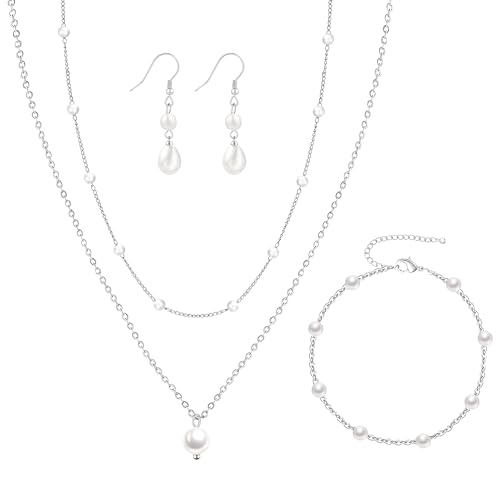 DIBOLA Gold Jewelry Set for Women, Dainty Layered 14K Gold/Silver Pearl Choker Necklaces and Earring Set Pearl Earrings Bracelets Wedding Bride Jewelry - color: 2 pearl earrings jewelry set-silver