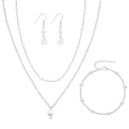 DIBOLA Gold Jewelry Set for Women, Dainty Layered 14K Gold/Silver Pearl Choker Necklaces and Earring Set Pearl Earrings Bracelets Wedding Bride Jewelry - color: 2 pearl earrings jewelry set-silver
