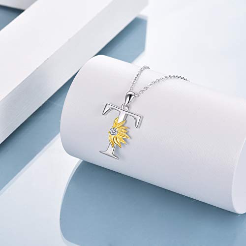 POPLYKE Initial Sunflower Necklace for Women 925 Sterling Sliver Sunflower Pendant Necklace Letter Initial Pendant Chain - style: Sunflower T