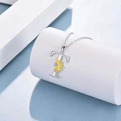 POPLYKE Initial Sunflower Necklace for Women 925 Sterling Sliver Sunflower Pendant Necklace Letter Initial Pendant Chain - style: Sunflower T