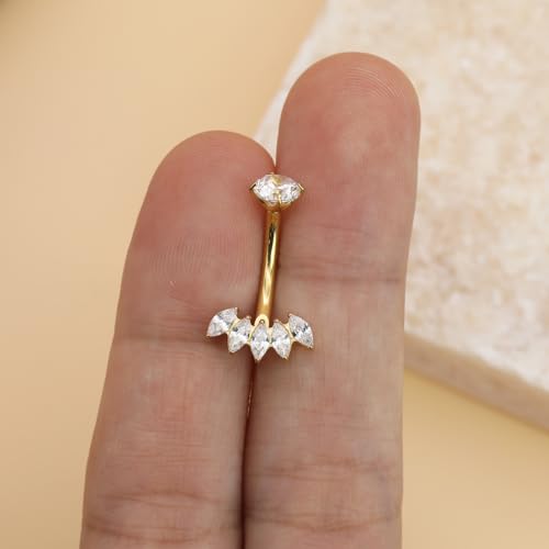 XUU Titanium Belly Button Rings 14G, Implant-Grade Navel Piercing, Luxury CZ Shape with Flower Butterfly, Hypoallergenic Curved Barbell Jewelry for Women, Gold or Silver - style: Crown-Gold