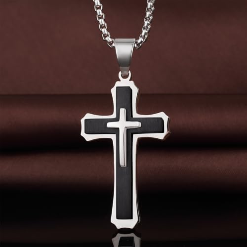 Men's Cross Necklace 316L Stainless Steel Large Heavy Cross Pendant for Men Polished Jewelry Rolo Chain with 22'' 24'' 26'' - color: E-White and Black, size: 22 inch