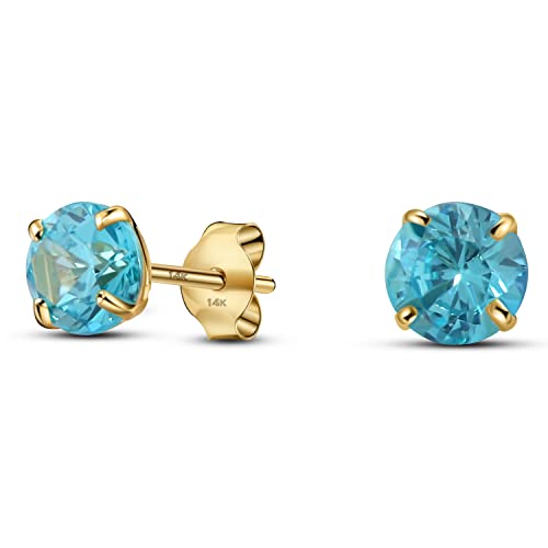 Solid 14K Yellow Gold Round Solitaire Simulated-Birthstone Minimalist Stud Earring - color: 12-December, size: 4mm