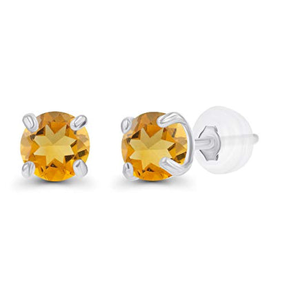 Solid 14K Gold 3mm Round Prong Set Hypoallergenic Genuine Petite Birthstone Stud Earrings - color: Citrine