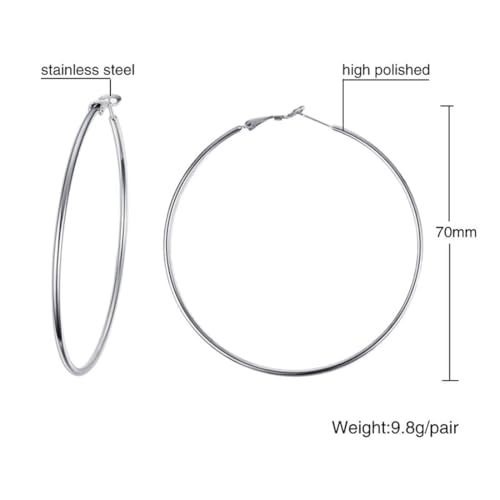 Large Hoop Earrings for Women 4 Pairs Stainless Steel Gold and Silver Hoop Earrings Set Lightweight Hypoallergenic Big Hoop Jewelry for Everyday Party and Gifts 40mm 70mm - color: Silver-70mm