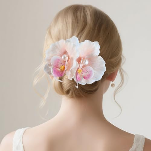 Bohemian Artificial Orchid Hair Clips, 2 Pack Floral Alligator Barrettes, Hawaiian Style Hairpins, 3.54 inch Pearl Decorated Flower Accessories Summer Beach Wedding Floral Headwear (Peachpuff) - color: Peachpuff