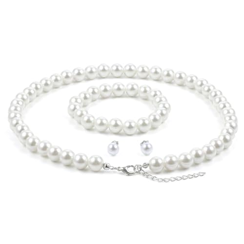 Pearl Necklace Set for Women, 8mm Women Faux Pearl Necklace Bracelet 4-Piece Pearl-necklace and Earring Set Includes Bracelet & Stud Earrings for Brides Bridesmaid Wedding Party
