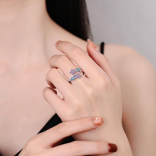 Adjustable Leaf Stackable Rings for Women Cubic Zirconia Stones Blue Leaves Purple Flower Open Band Stacking Finger Sliver Rings Fashion Plant Floral Aesthetic CZ Jewelry - color: flower leaf