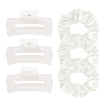 Hair Accessories Set Pack of 6 – 3 Medium Hair Clips for Women, 3 Big Satin Scrunchies for Hair, Non-Slip Matte Square Hair Claw Clips, Back to School, Birthday Gift, Daily Use (White) - color: White