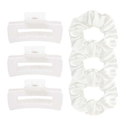 Hair Accessories Set Pack of 6 – 3 Medium Hair Clips for Women, 3 Big Satin Scrunchies for Hair, Non-Slip Matte Square Hair Claw Clips, Back to School, Birthday Gift, Daily Use (White) - color: White