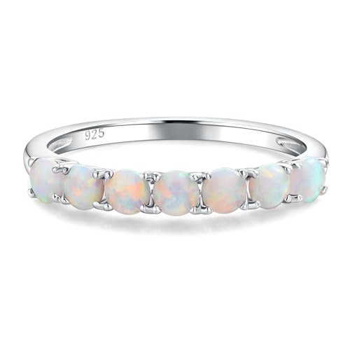Birthstone Wedding Band Eternity Rings 925 Sterling Silver Rings Stackable Anniversary Engagement Rings Cubic Zirconia Inlaid Created Garnet/Amethyst/Sapphire Ring 7 Stone Ring, Size 6 to 10 - color: Opal