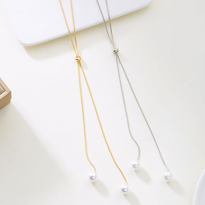 Pearl Necklace Set for Women Long Necklace Pearl Jewelry Beaded Design Drop Y Lariat Style Gift - color: Silver Y Pearl Necklace
