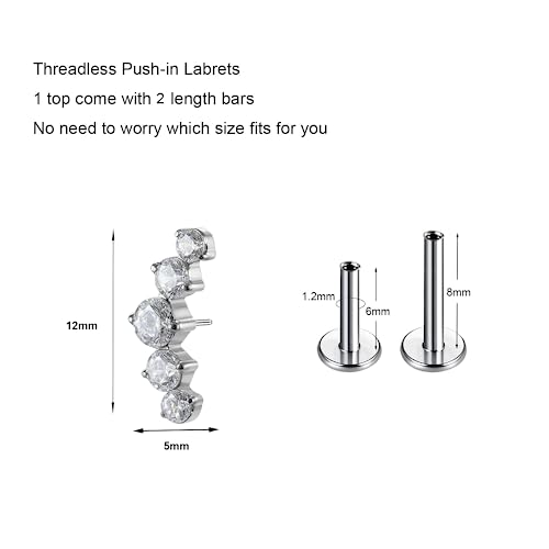 1pcs 16G 18G G23 Titanium Threadless Labret Studs Push-in Labret Lip Cluster Tragus Helix Conch Lobe Rook Cartilage Push Back Piercing Jewelry Earring - style: 5 round CZ