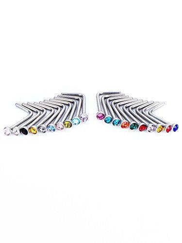 Mudder 20 Pieces Curved Nose Stud Stainless Steel Nose Ring Crystals L Bend Nose Screw Piercing, 20 Gauge - color: Classic Colors