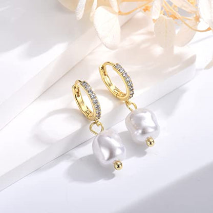 CERSLIMO Pearl Drop Earrings for Women | S925 Sterling Silver Post Simulated Shell Pearl Hoop Dangle Earrings, Hypoallergenic Cubic Zirconia Huggies Earrings Bridesmaid Jewelry - style: 03 Gold-Baroque