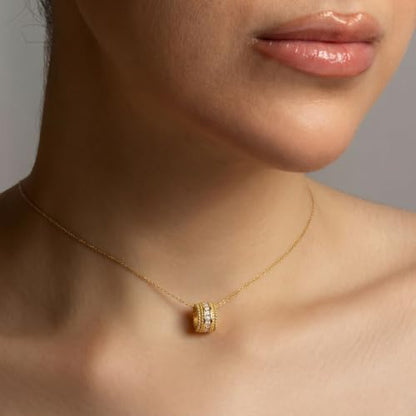 Gold Cubic Zirconia Ribbed Barrel Pendant Necklace (16"/18" Adjustable Rolo Chain)
