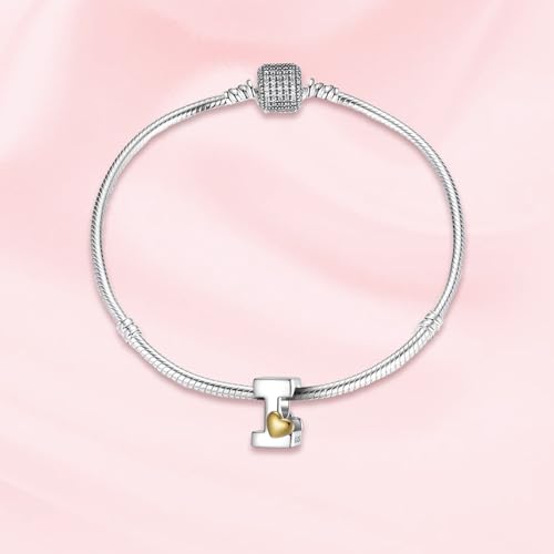 A~Z Alphabet Charm Letter Beads 925 Sterling Silver with Heart-shaped 5A Cubic Zircon Stones fits Pandora European Bracelets Necklace Jewelry Gift for Women - style: I Letter Charms