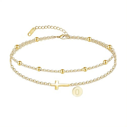Gold Cross Ankle Bracelets for Women | Anklets for Women Waterproof with Initial Charm (A-Z) | Non Tarnish Summer Beach Jewelry Gifts for Her - color: Gold O