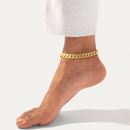 Ankle Bracelets for Women Waterproof 14K Gold/Silver Plated Chain Anklets | Trendy Gold Anklets,Layered 14K Gold Plated Stackable Chunky Cuban Link Chain Anklet Bracelet Set,Summer Beach Jewelry Gift - color: 1 cuban-gd