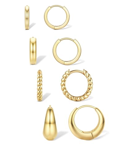 Jstyle Small Hoop Earrings for Women, Gold Silver Earring Stack | 4Pcs Huggie Hoop Earrings Set, Non Tarnish, Chunky Cartilage Earring, Piercing Jewelry, Comfortable Daily Wear - color: 14K Gold Plated