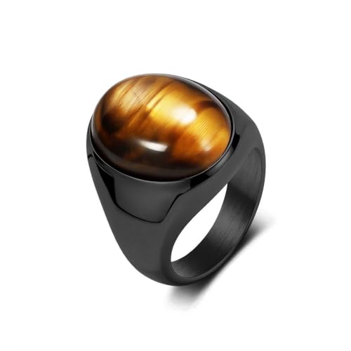 Stainless Steel Tiger Eye Obsidian Ring for Men Women, Oval Stone Signet Ring, Gold Silver Black Tone Stainless Steel Statement Jewelry Gift for Daily Wear - color: Black Tiger Eye Stone