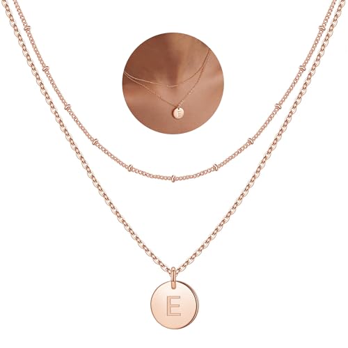IEFWELL Initial Necklaces for Women Girls, Disc Letter A-Z Layered Necklace | Disc Necklaces for Women Girls, 14K Gold Plated, Double Side Engraved Coin Necklaces, Jewelry Birthday Gifts for Teen Girls - color: Rose Gold, size: 14"+2"/16"+2", style: E
