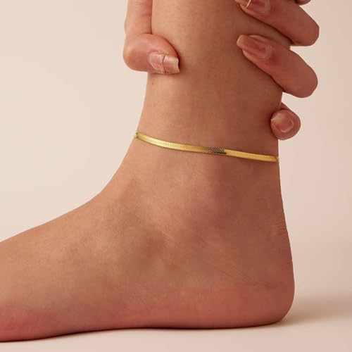 Dainty Ankle Bracelets for Women 18K Gold Plated Waterproof | Satellite Beaded Herringbone Lip Chain Anklets Simple Minimalist Summer Beach Foot Jewelry, Gift Box Included - color: 3mm Snake-Gold