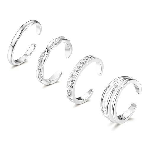 4Pcs 14K Gold Plated, White Gold Plated Toe Rings for Women | Silver Toe Rings, Hug CZ, Triple Twist, Simple Band, Open Toe Rings, Adjustable, Waterproof - color: Silver