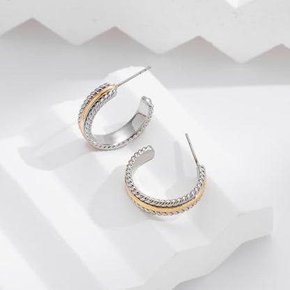 Gold Plated Chunky Hoop Earrings for Women - Stylish Statement Twisted Rope C Shaped Hoop Earrings Fashion Jewelry Gift - color: mix metal