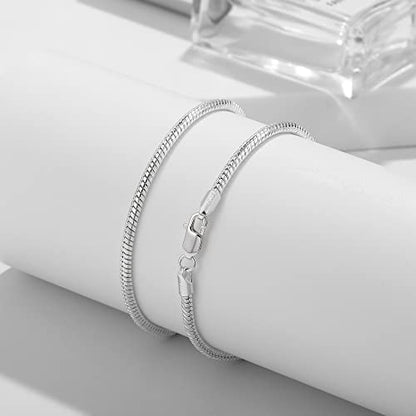BRIJEWNES 3MM Sterling Silver Round Snake Chain Bracelet 925 Silver Link Chain Bracelet for Men