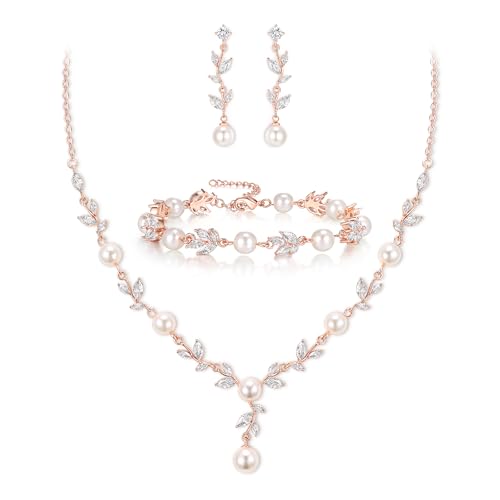 EVER FAITH Cubic Zirconia Pearl Leaf Bridal Jewelry Set for Bride Women | White Wedding Prom Necklace Dangle Earrings Bracelet, for Bridesmaid - color: Marquise_Rose Gold-Plated-Brass